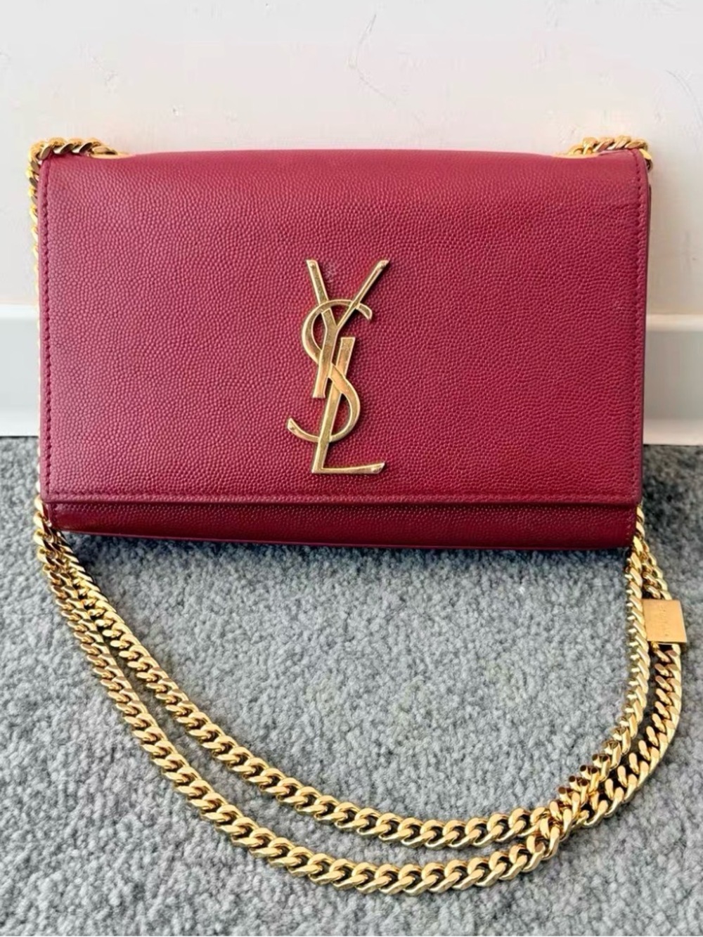Saint Laurent Burgundy Envelope Crossbody with Gold Chain